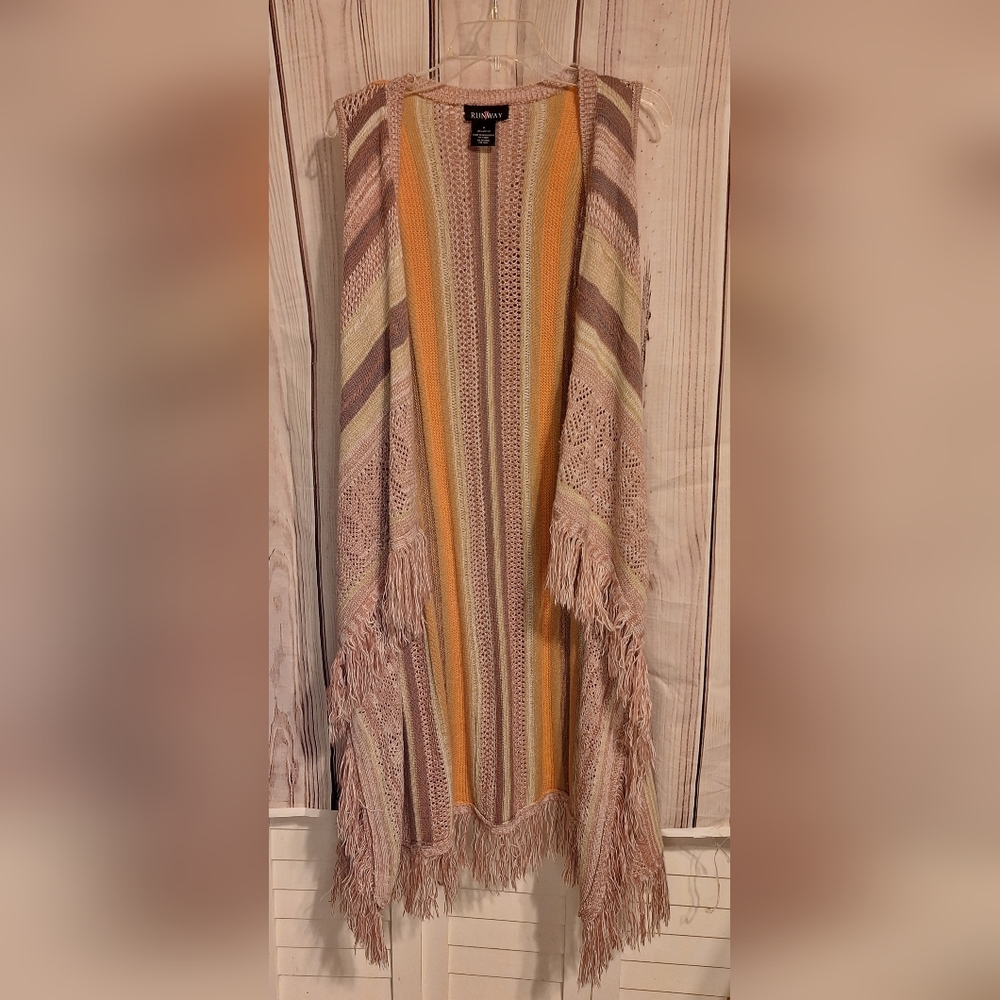 EUC Boho Striped Fringe Vest / sleeveless Poncho